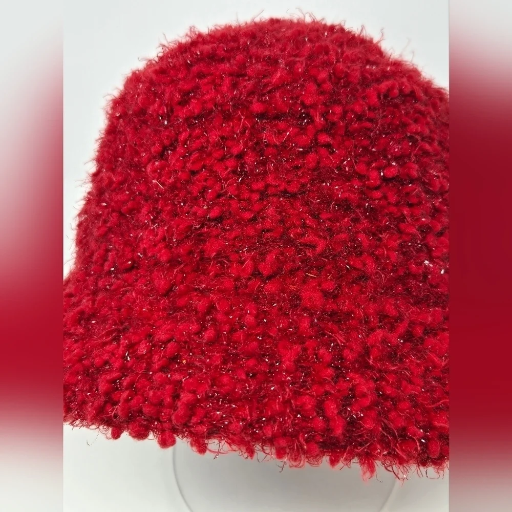 VINTAGE CEJON DARK RED BOUCLE METALLIC SPARKLE BUCKET HAT WOMEN OS COZY FESTIVE